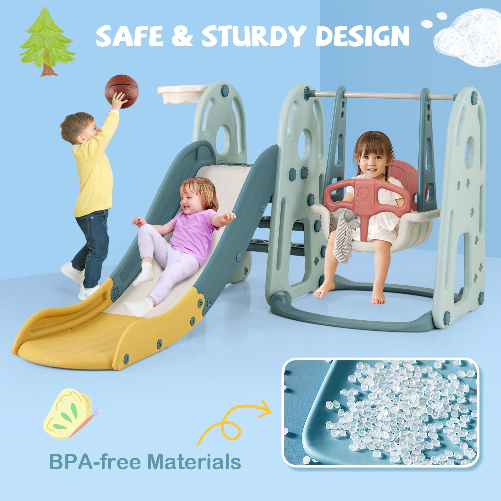 4-in-1 Freestanding Kids Slide and Swing Playset