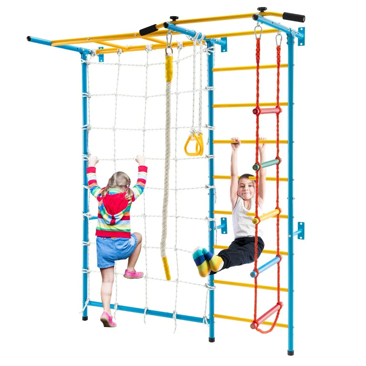 Metal Swedish Wall Bars for Children with Gym Rings and Climbing Net