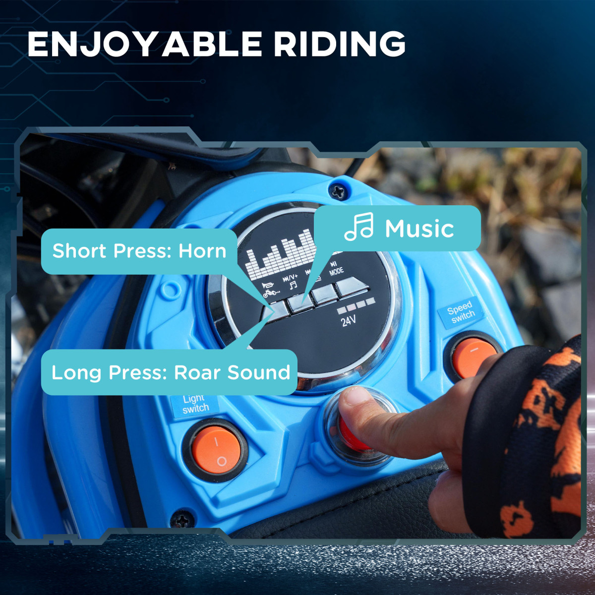 Kids 24V Electric Dirt Bike with Twist Throttle, Music, Horn & Shock Absorption – Black & Blue