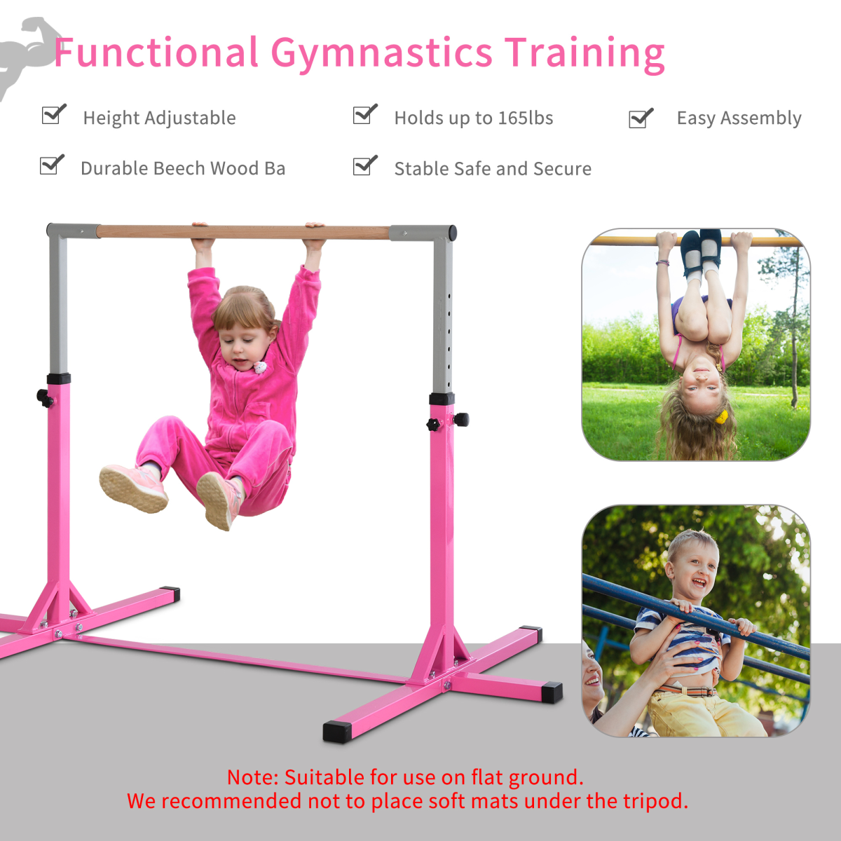 Adjustable Kids Gymnastics Bar – Horizontal Training Bar with Steel Frame & Beech Wood Top, 13 Height Levels (95–145cm), Stable ‘T’ Base – Pink - All Round Fitness