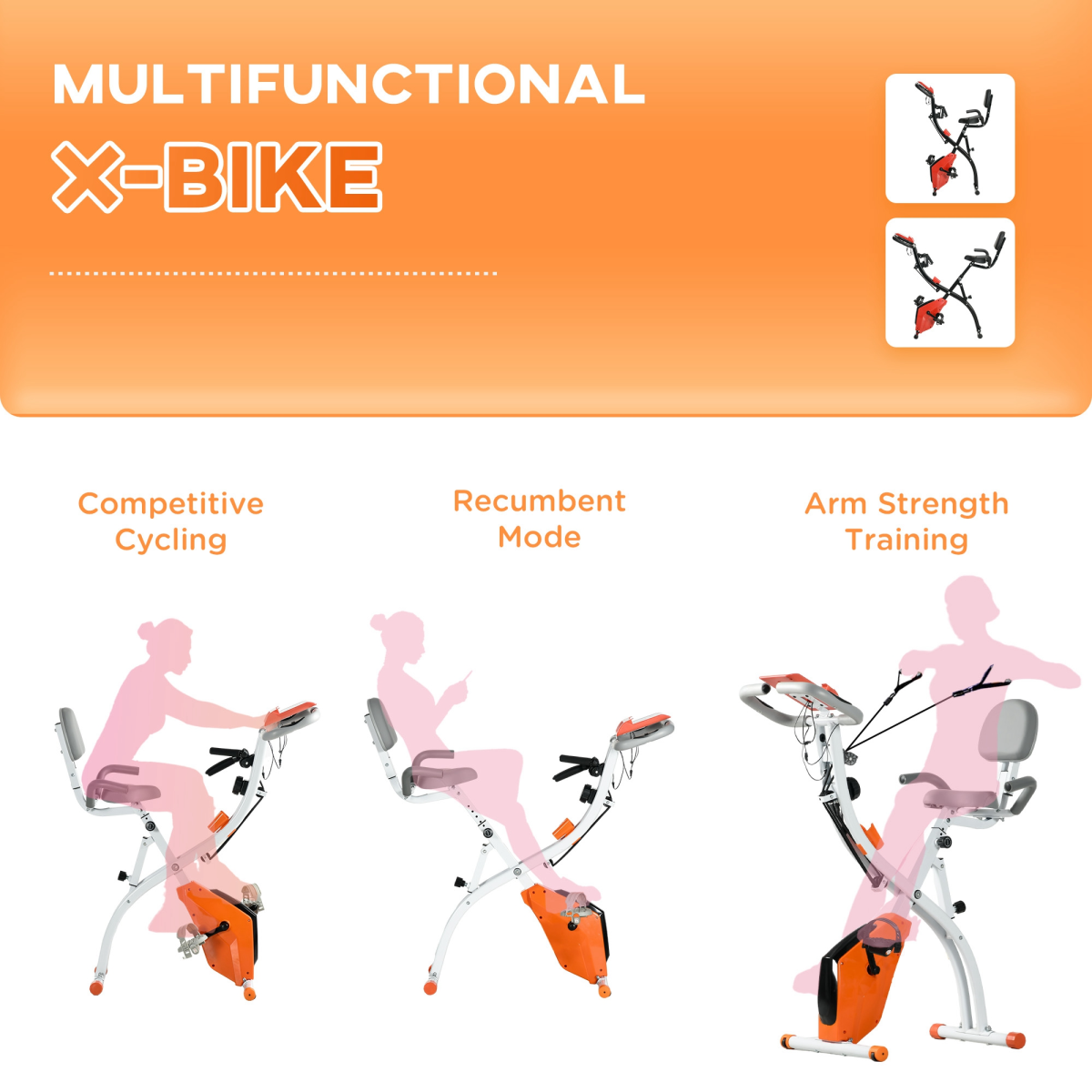 2-in-1 Upright & Recumbent Exercise Bike – 8-Level Resistance, Pulse Sensor & Foldable X-Bike (Orange) - All Round Fitness