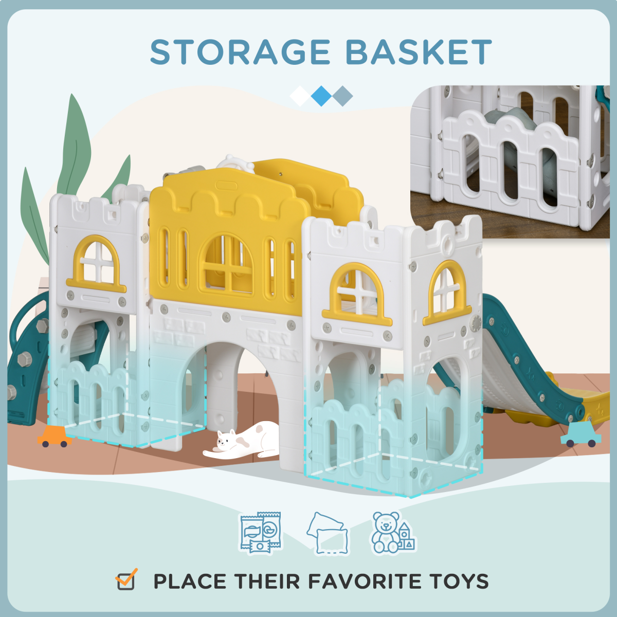 AIYAPLAY 7-in-1 Toddler Slide & Playset with Basketball Hoop, Tunnel & Storage – Yellow Castle Theme