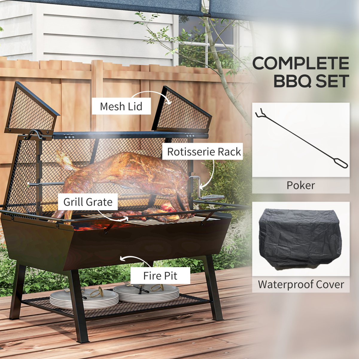 3-in-1 Outdoor BBQ Grill, Rotisserie & Fire Pit with Mesh Cover