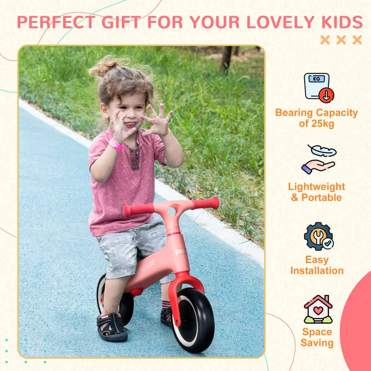 AIYAPLAY Baby Balance Bike – Adjustable Seat, Wide Wheels & Safe Design for Toddlers (Pink) - All Round Fitness