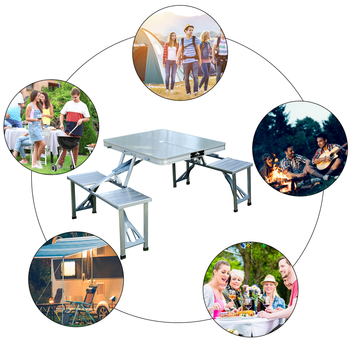 Outsunny Portable Folding Picnic Table with 4 Seats & Umbrella Hole – Lightweight Aluminium