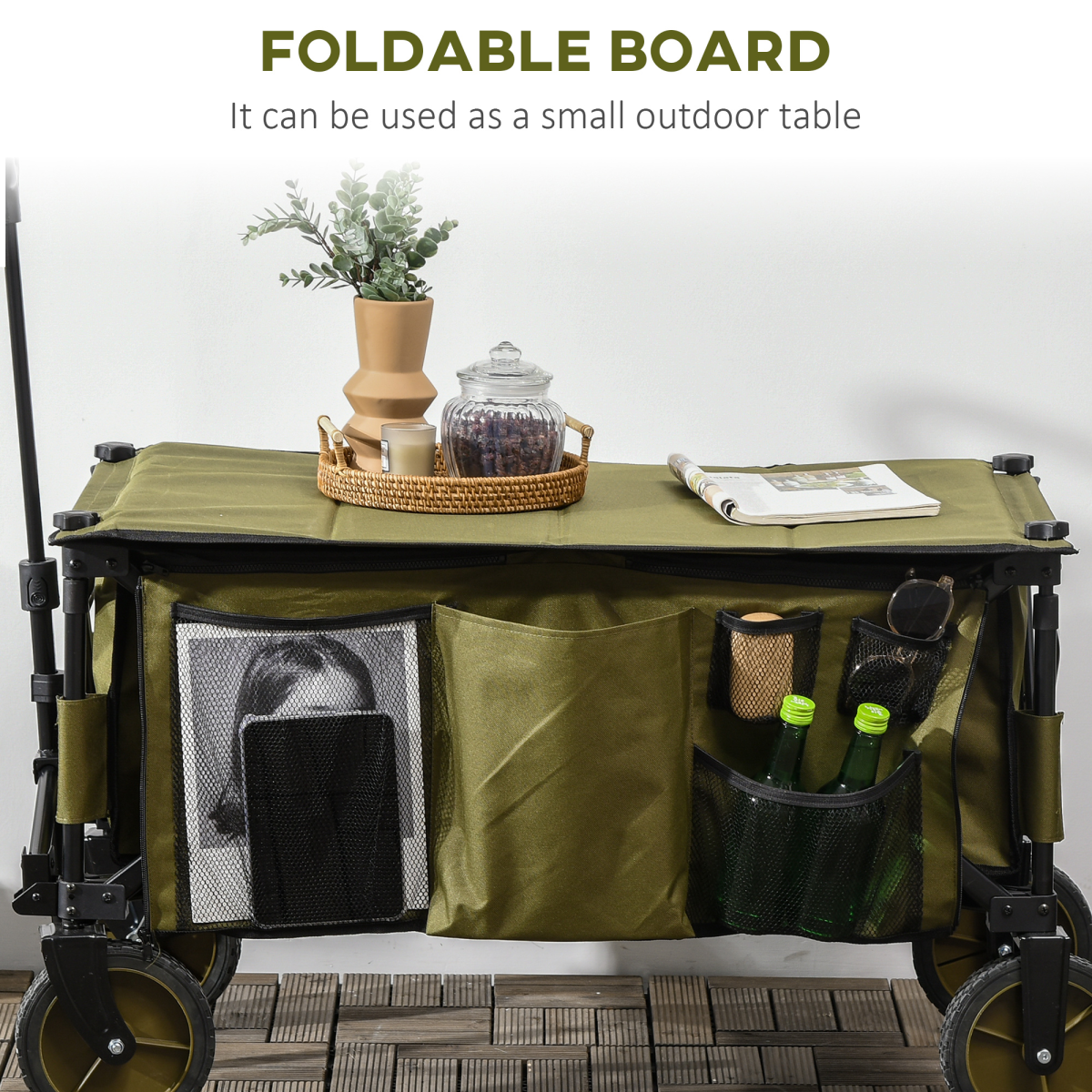 Folding Garden Trolley – Collapsible Utility Cart with Cover & Pockets, 100kg Load, Khaki Green