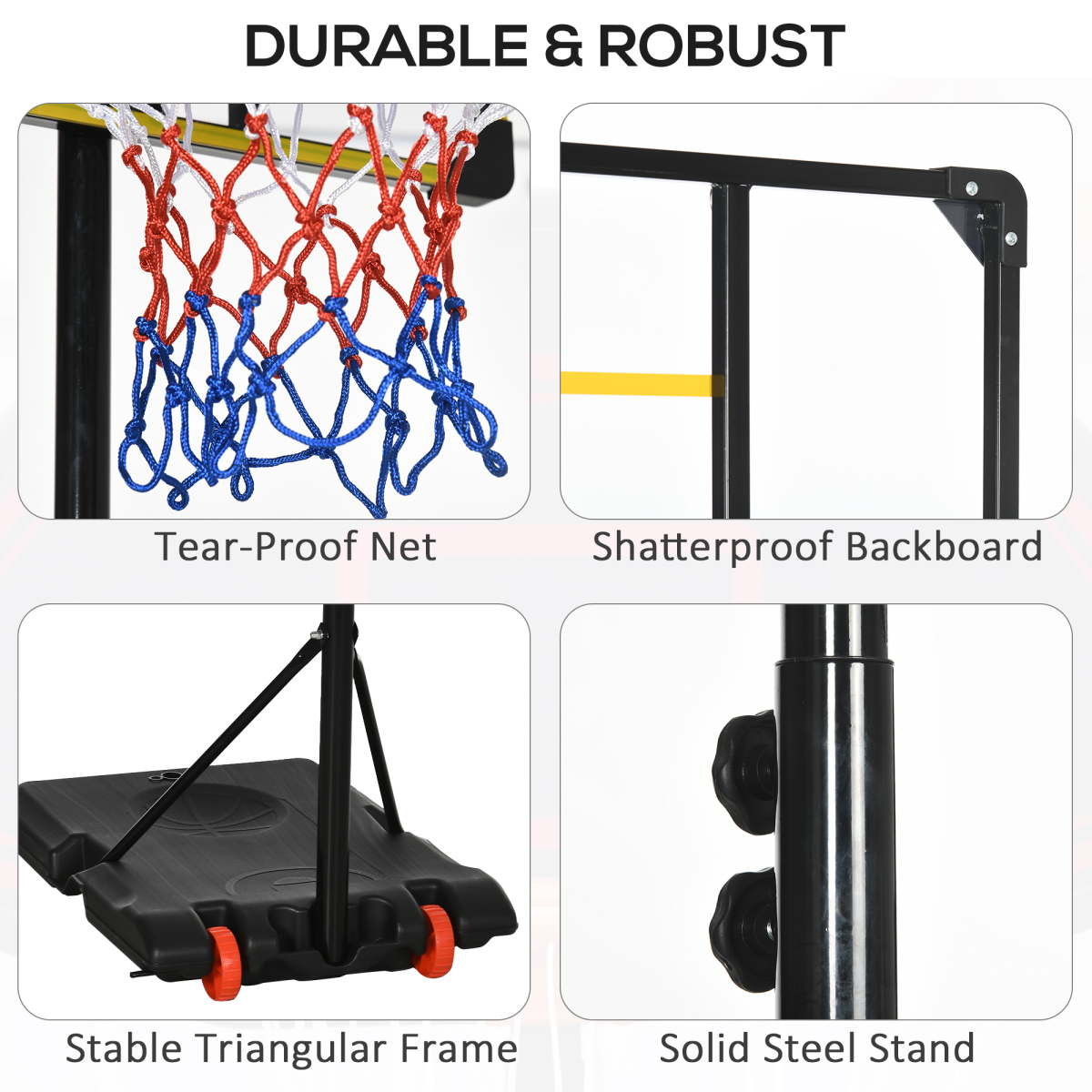 Adjustable Basketball Hoop and Stand with Wheels, 1.8–2.1m, Yellow