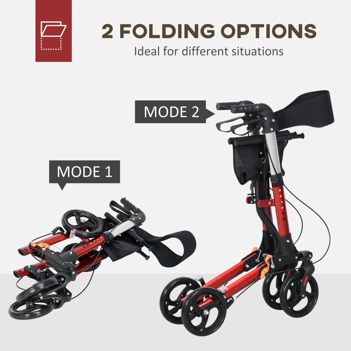 Lightweight 4-Wheel Rollator Walker with Seat, Bag & Dual Brakes – Adjustable Height (Red)