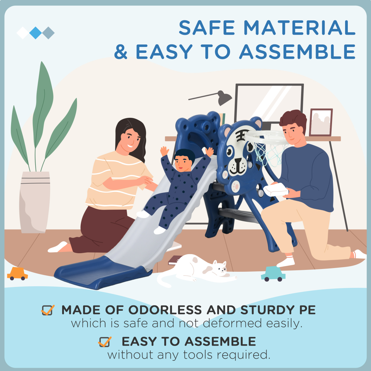 AIYAPLAY Kids Slide with Basketball Hoop & Ball – Blue Tiger Theme for Ages 18–36 Months