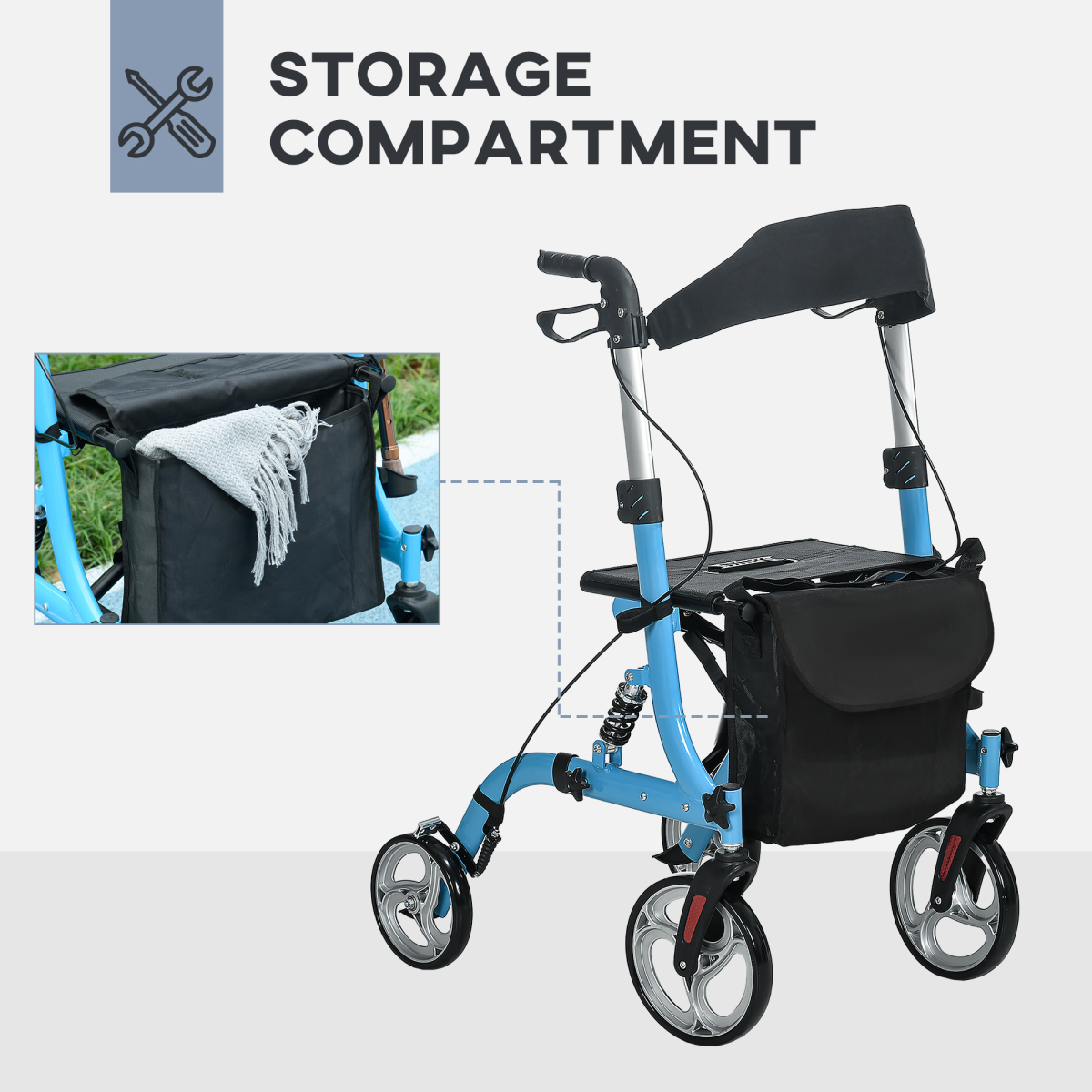Lightweight 4-Wheel Rollator Walker with Seat, Bag & Dual Brakes – Adjustable Height (Blue) - All Round Fitness