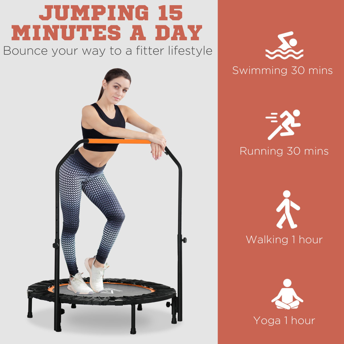 Portable 40" Foldable Mini Fitness Trampoline with Adjustable Handle - HOMCOM - All Round Fitness