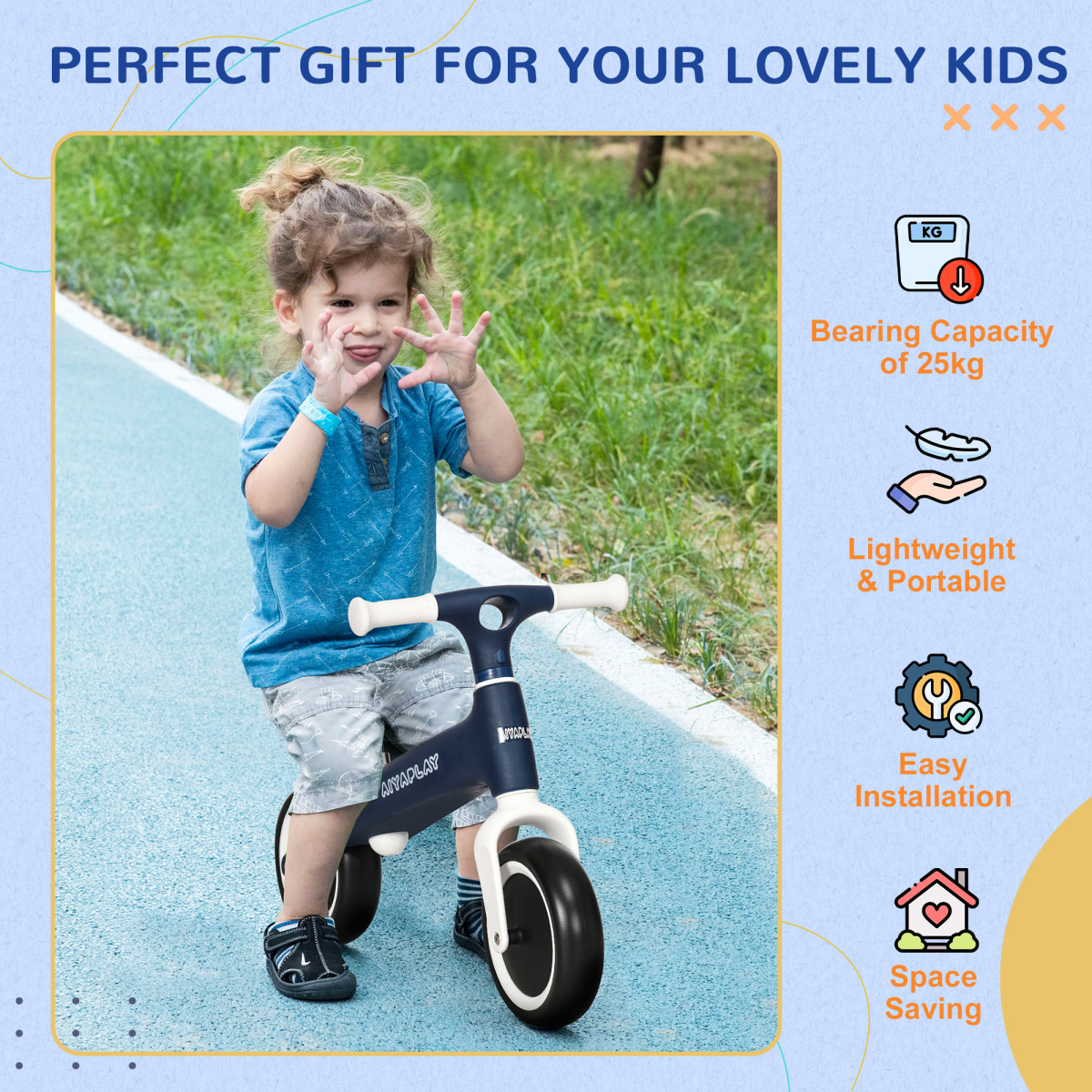 AIYAPLAY Baby Balance Bike – Adjustable Seat, Wide Wheels & Safe Design for Toddlers (Blue) - All Round Fitness