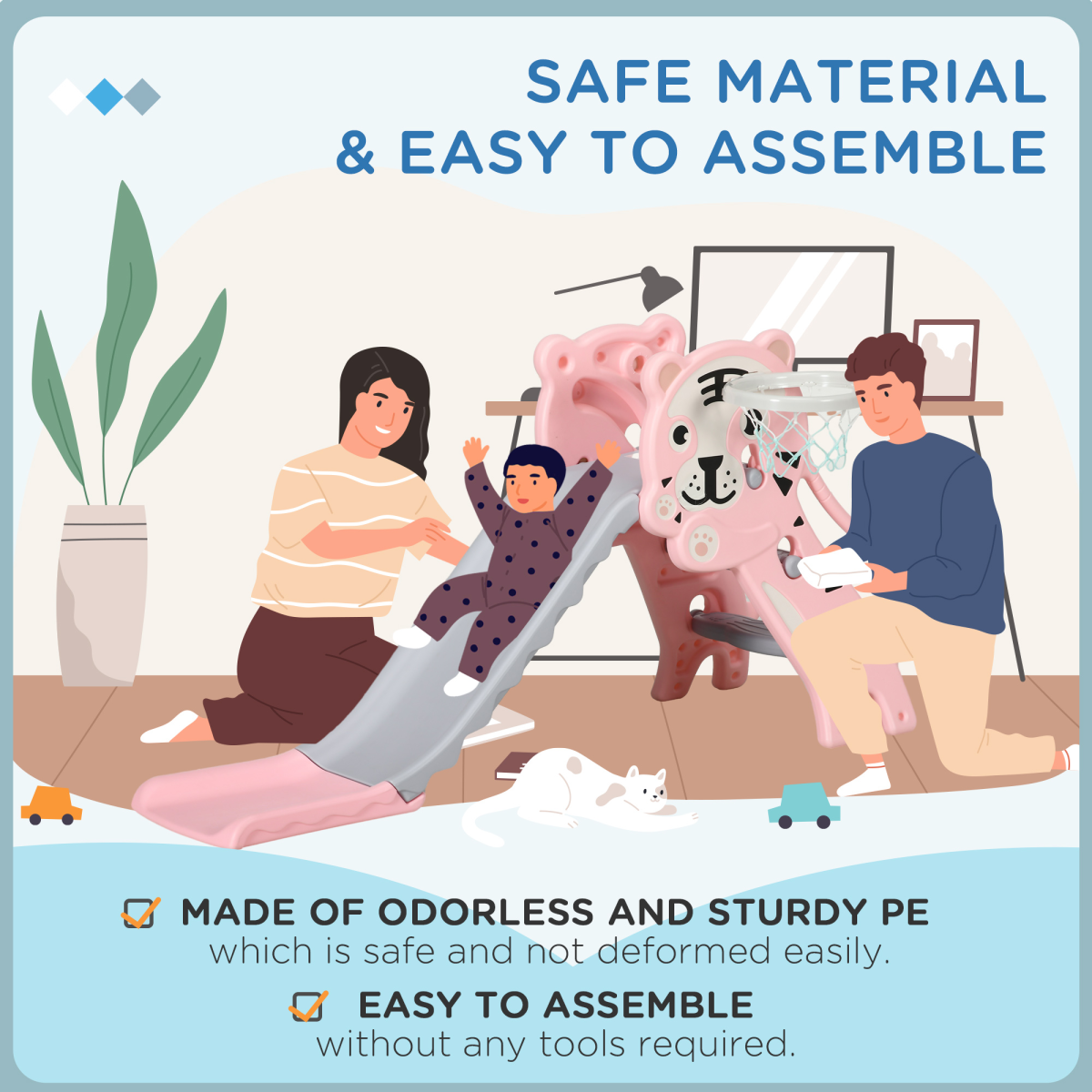 AIYAPLAY Kids Slide with Basketball Hoop & Ball – Pink  Tiger Theme for Ages 18–36 Months