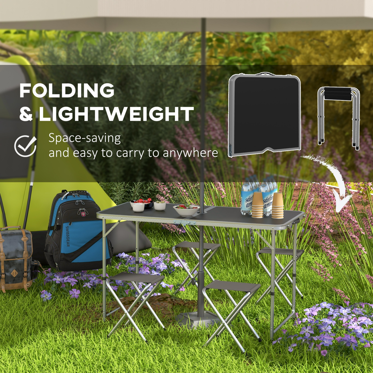 Folding Camping Table & 4 Chairs Set with Adjustable Height & Parasol Hole – Black