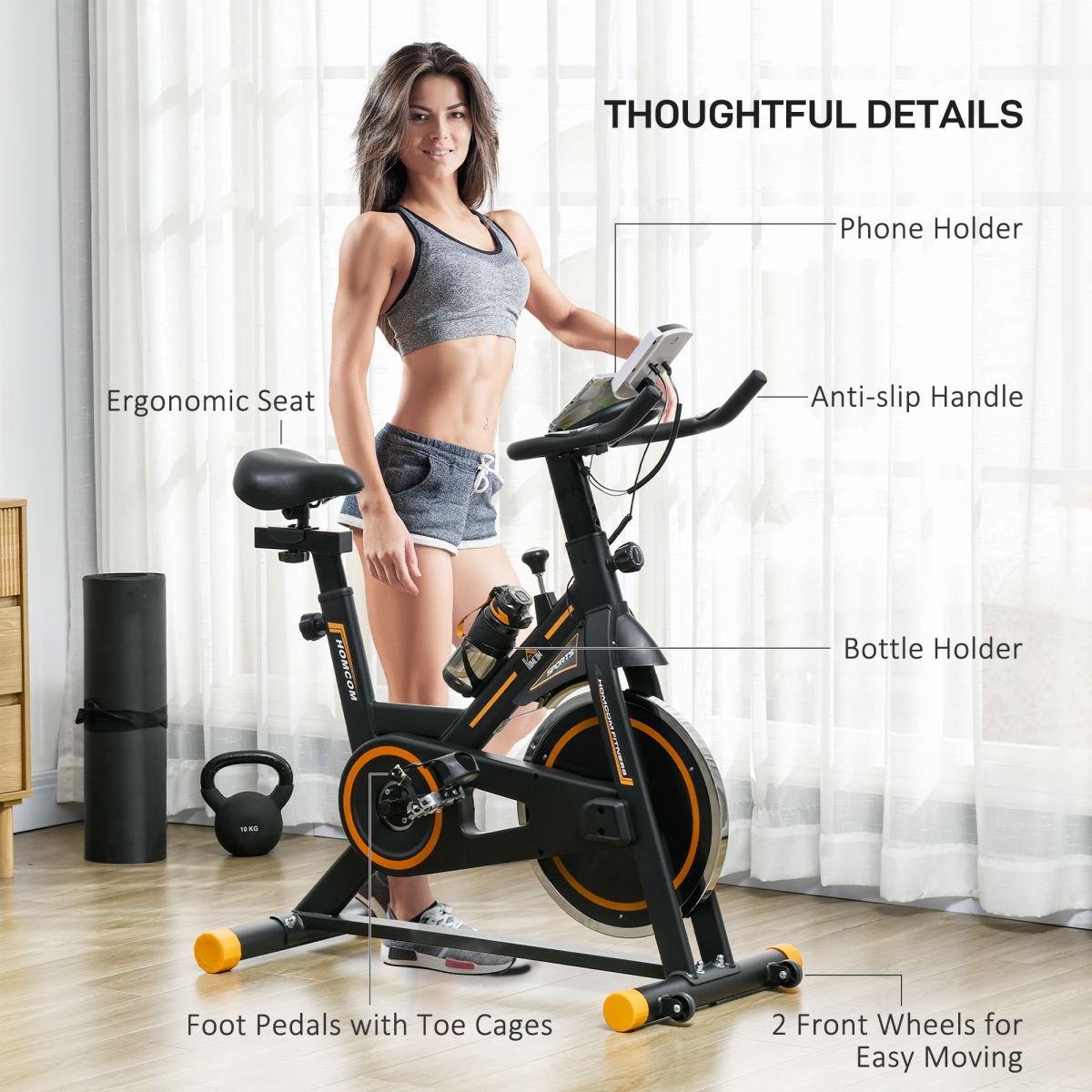 HOMCOM Exercise Bike Indoor Cycling with LCD Display, Heart Rate Sensor – Black/Orange