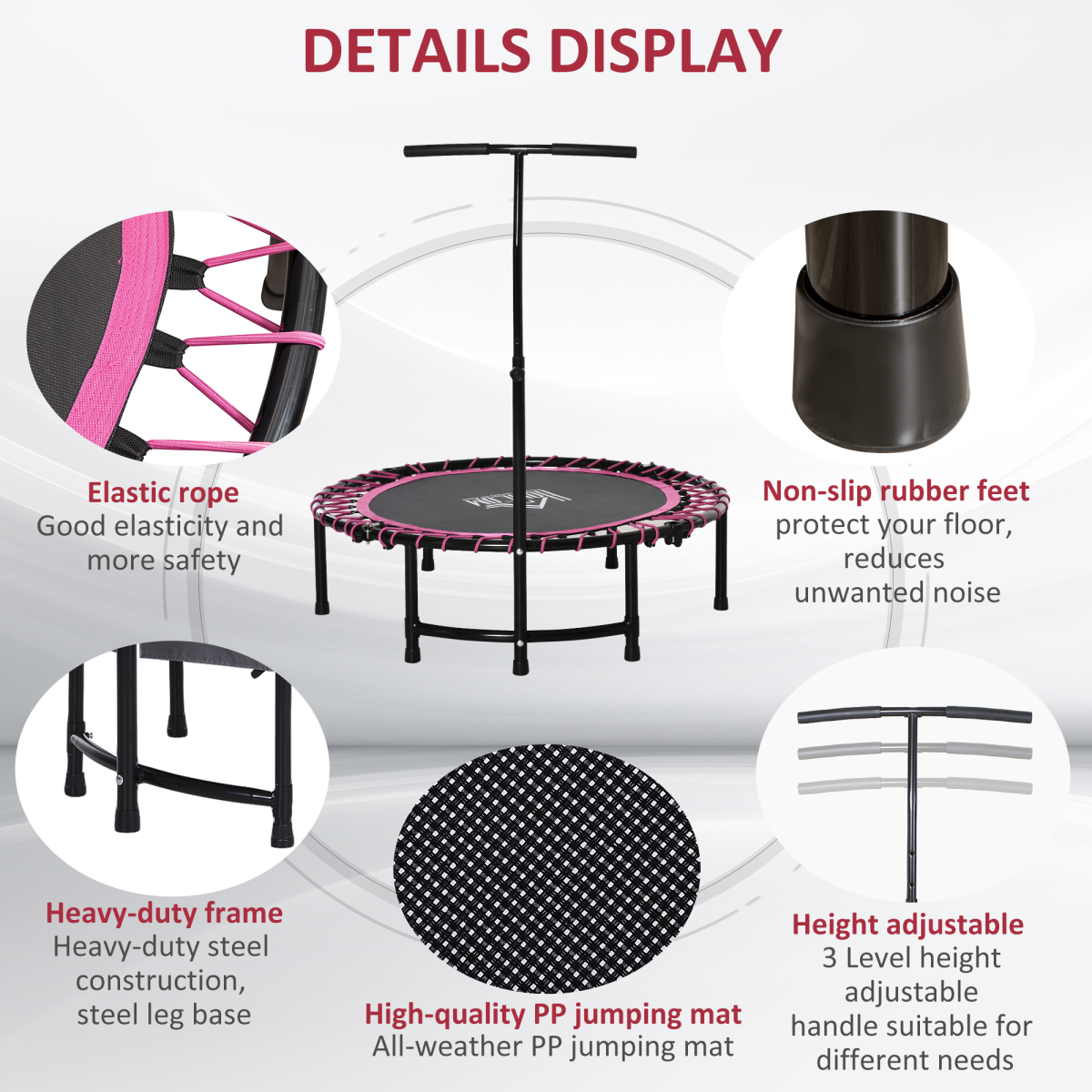 Pink HOMCOM Mini Trampoline for Fitness: Adjustable Handle for All Ages - All Round Fitness
