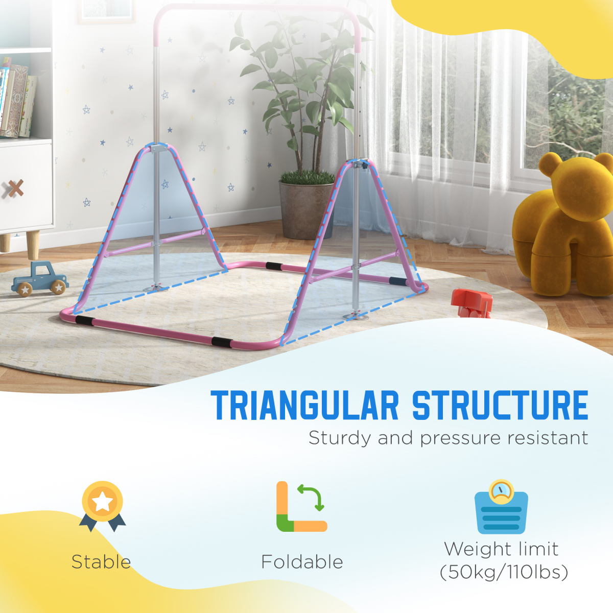 Kids Gymnastics Bar – Adjustable Height & Foldable Training Bar, Pink