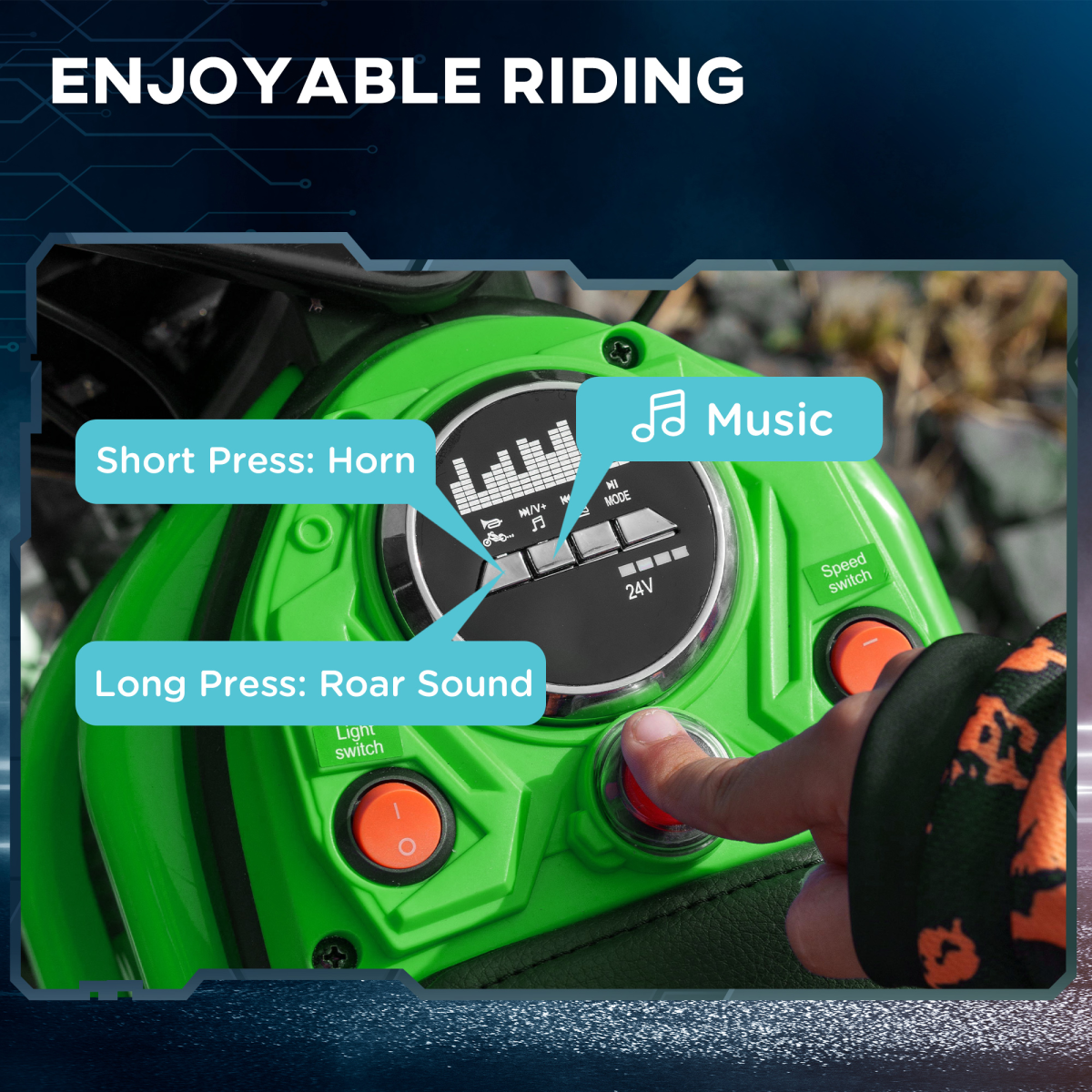 24V Kids Electric Motorbike with Twist Grip Throttle, Lights, Music & Horn – Green