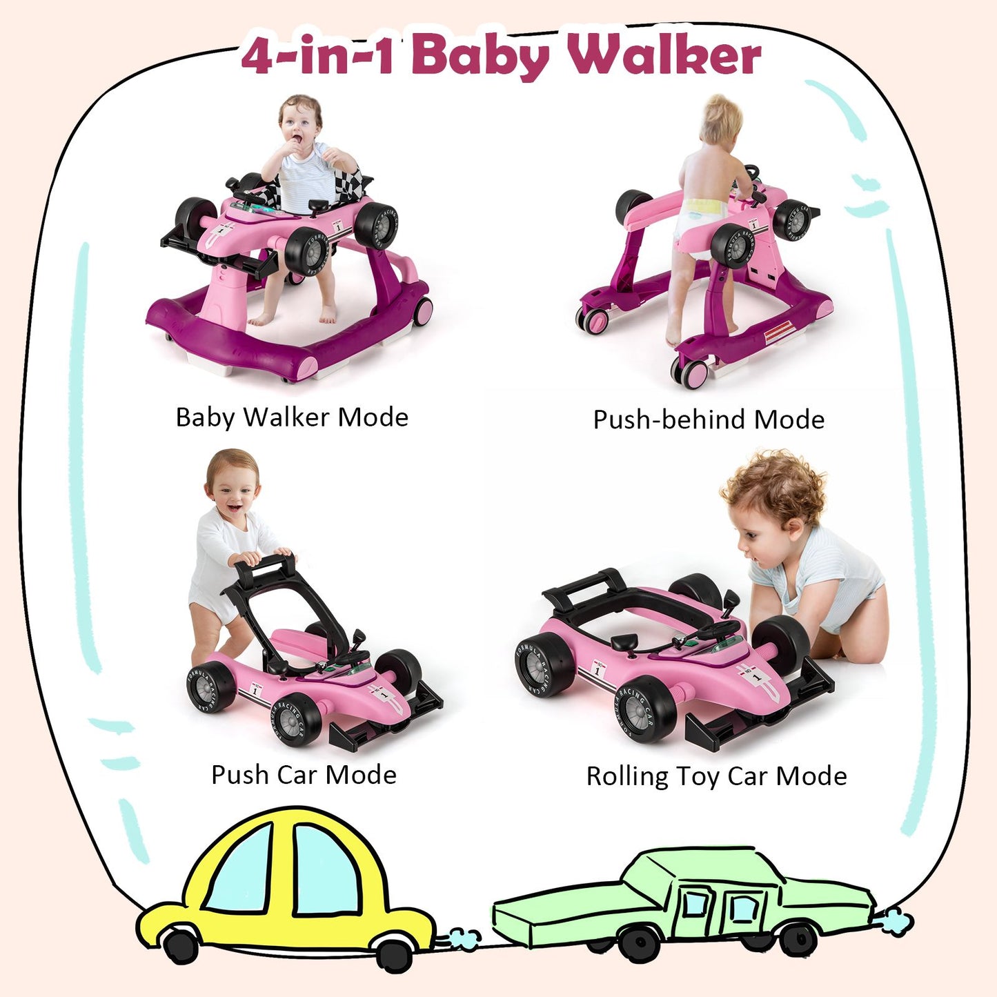 4-in-1 Adjustable Height and Speed Baby Push Walker