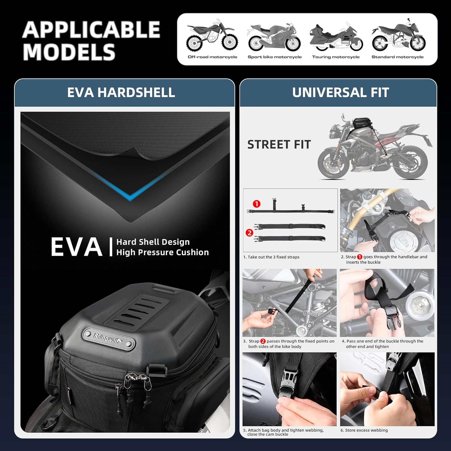 Hard Shell Motorcycle Tank Bag | Waterproof Expandable 15–18L Motorbike Seat & Tail Bag with Rain Cover & Backpack Straps – Carbon Black