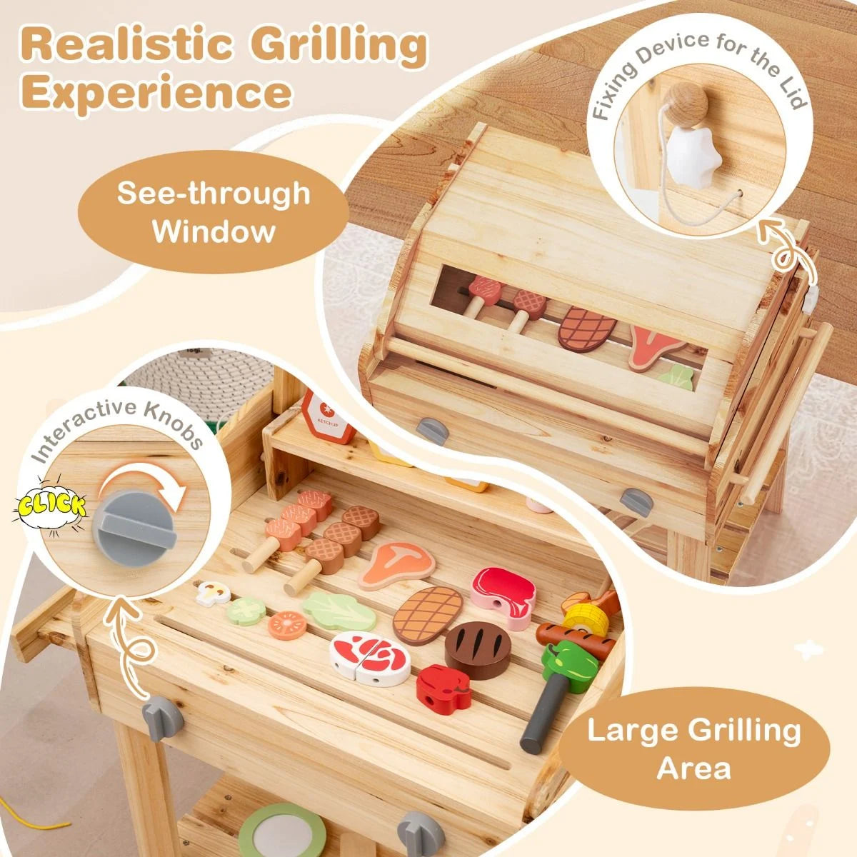 Wooden Barbecue Grill Toy Set with Play Food & Grilling Tools for Kids | Pretend Play Outdoor BBQ Kitchen