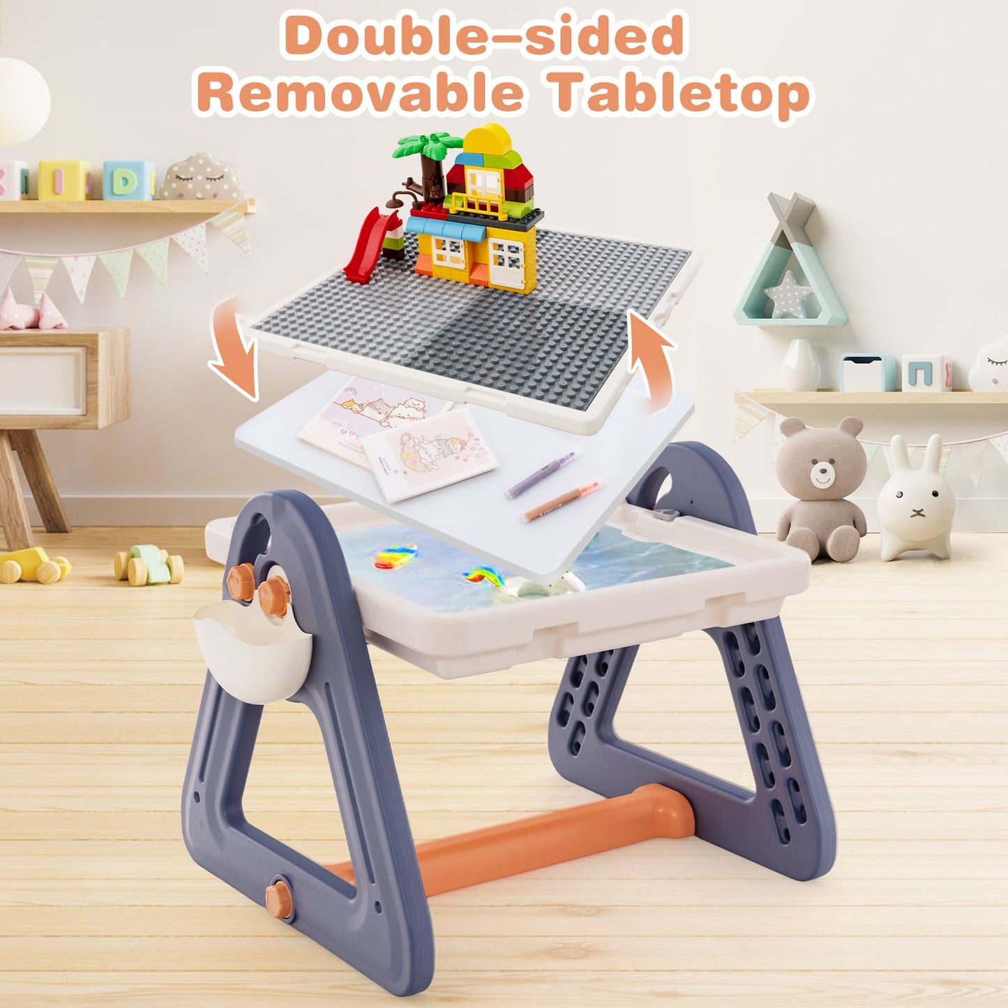 2-in-1 Kids Art Table & Easel with Rotatable & Removable Desktop – Includes Chair, Storage & Building Blocks
