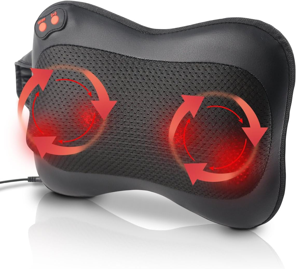Back & Neck Shiatsu Massager Cushion with Heat – Adjustable 3-Speed Massage Pillow with 2-Way Rotation & Elastic Strap | Relieve Muscle Soreness at Home, Office or in the Car