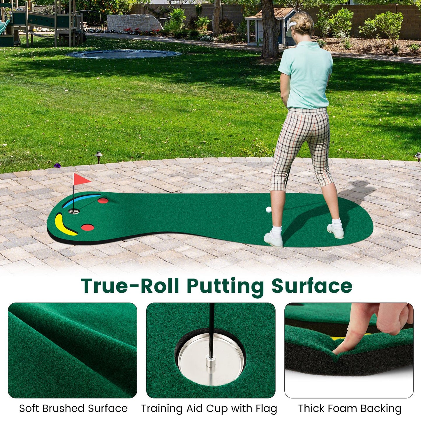 Professional Golf Putting Green Set with Three Cups, One Flag, and Hole Covers