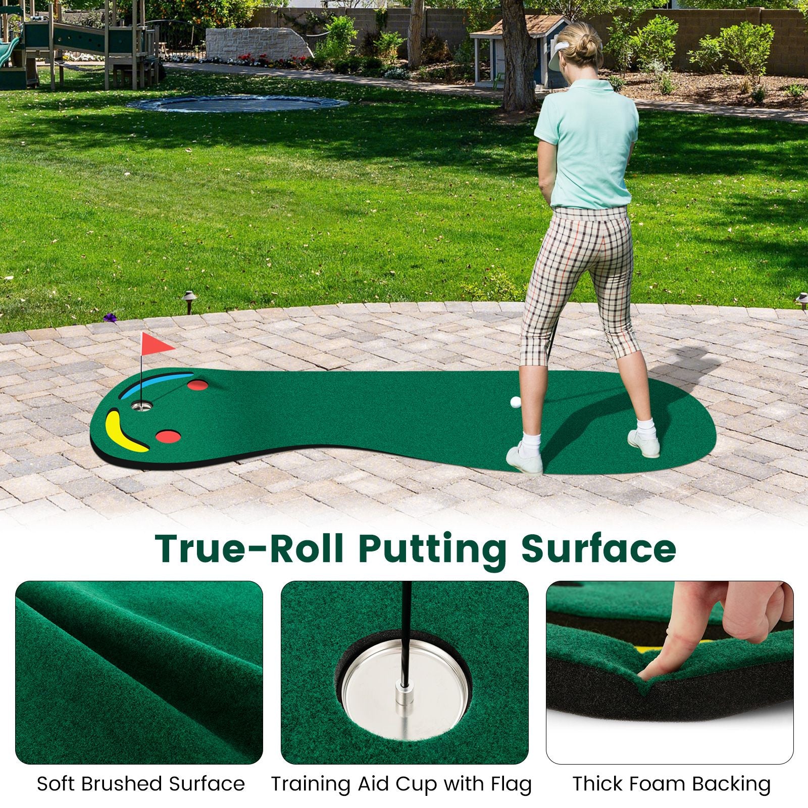 Professional Golf Putting Green Set with Three Cups, One Flag, and Hole Covers