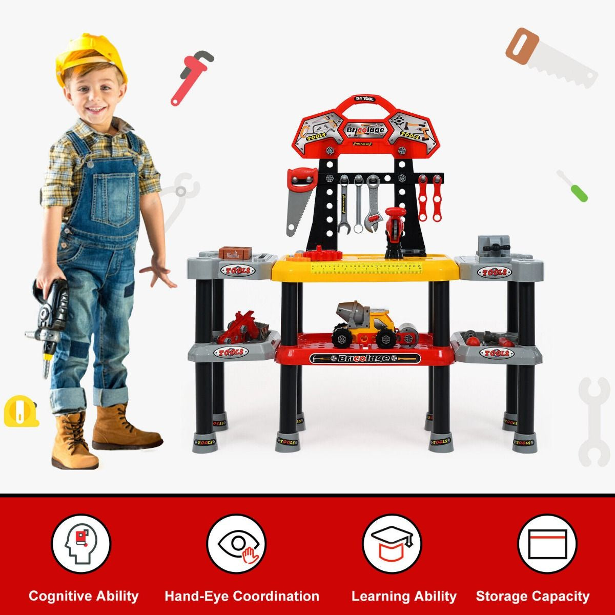 121-Piece Children's Pretend Play Tool Set with Double-Tier Workbench and Construction Accessories