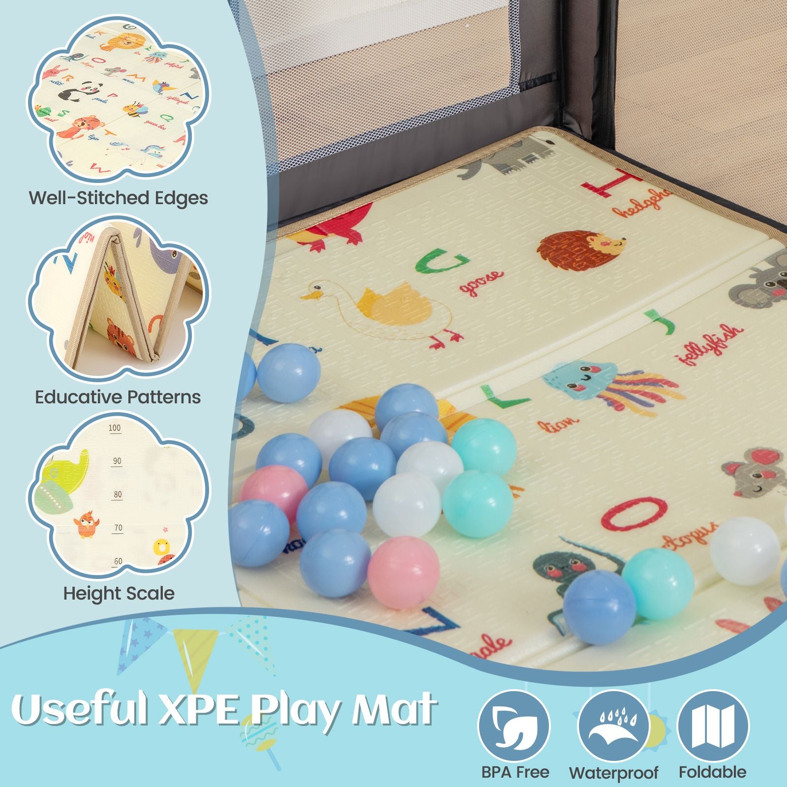 Large Baby Playpen with Safety Mat, Basketball Hoop & 50 Ocean Balls | Indoor & Outdoor Activity Centre