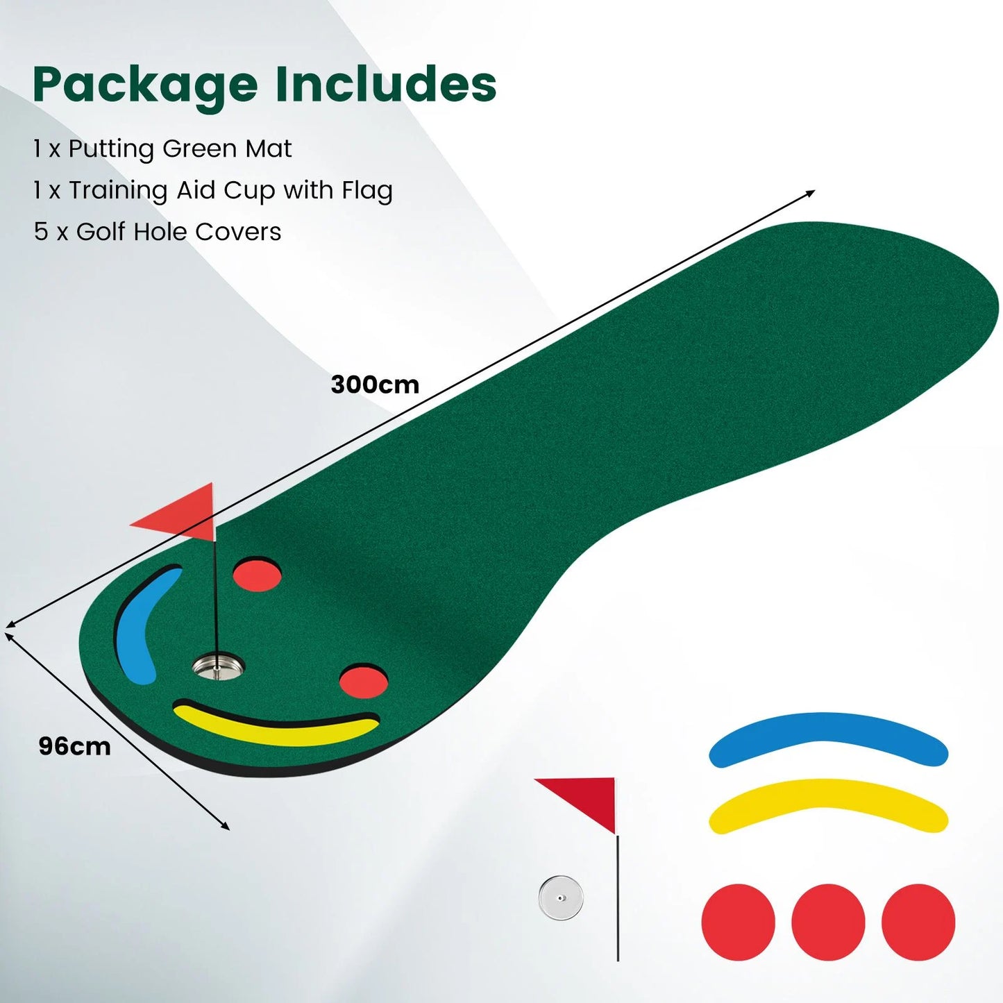 Professional Golf Putting Green Set with Three Cups, One Flag, and Hole Covers