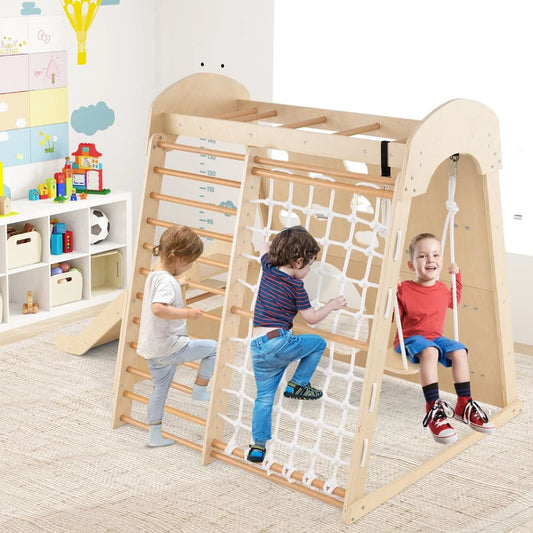 8-In-1 Indoor Jungle Gym Wooden Playground with Climbing Wall