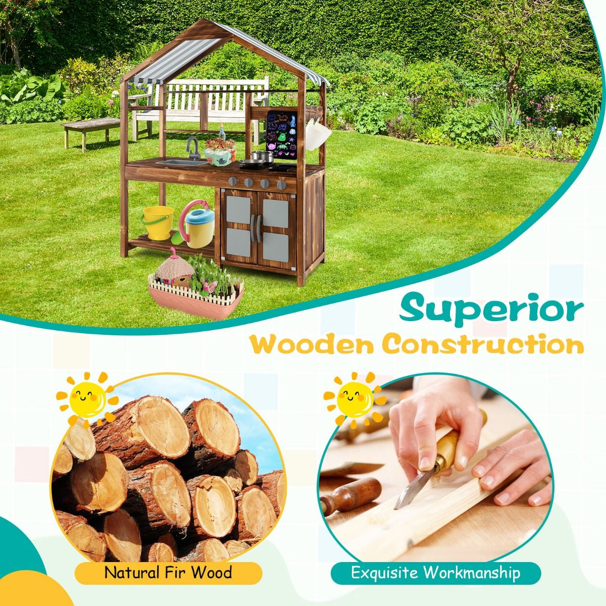Outdoor Wooden Mud Kitchen with Canopy & Rotatable Faucet | Kids Play Kitchen with Sink, Chalkboard & Accessories