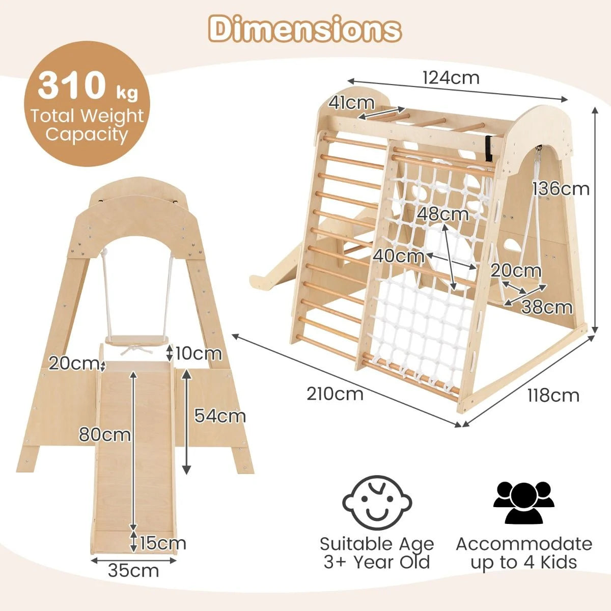 8-In-1 Indoor Jungle Gym Wooden Playground with Climbing Wall