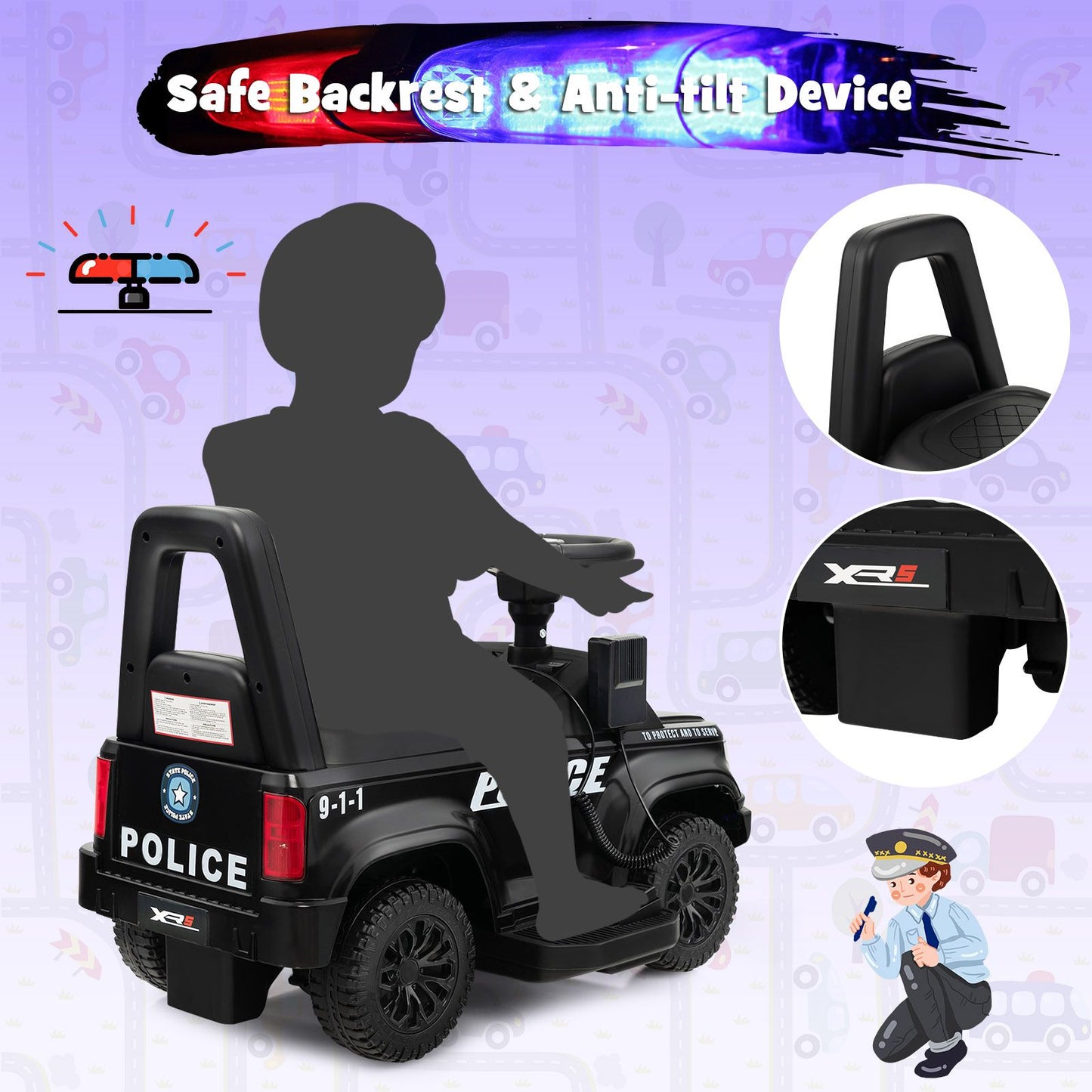 6V Kids Ride-On Police Car with Siren Lights, Megaphone & Hidden Storage | Electric Ride-On Toy for Toddlers