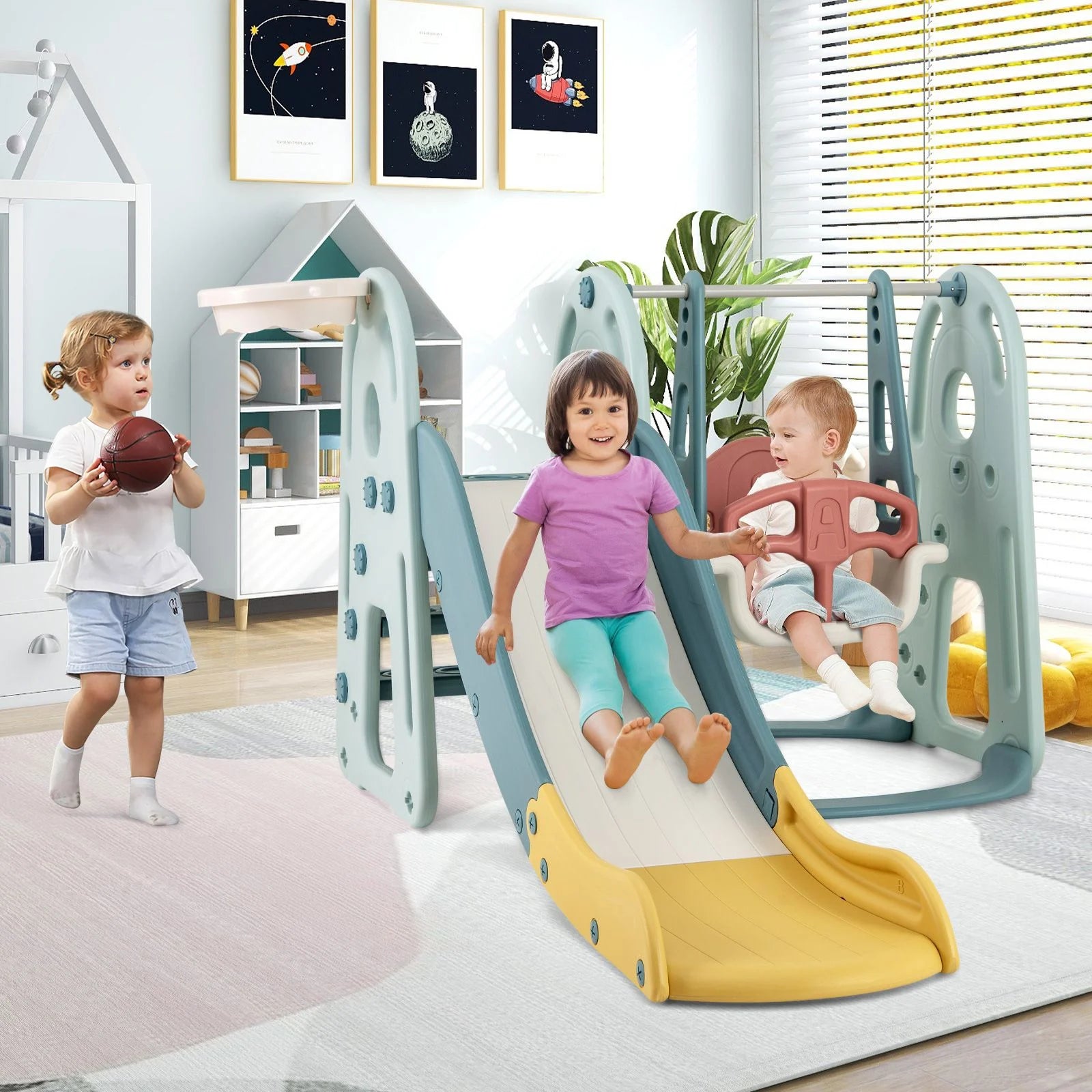 4-in-1 Freestanding Kids Slide and Swing Playset