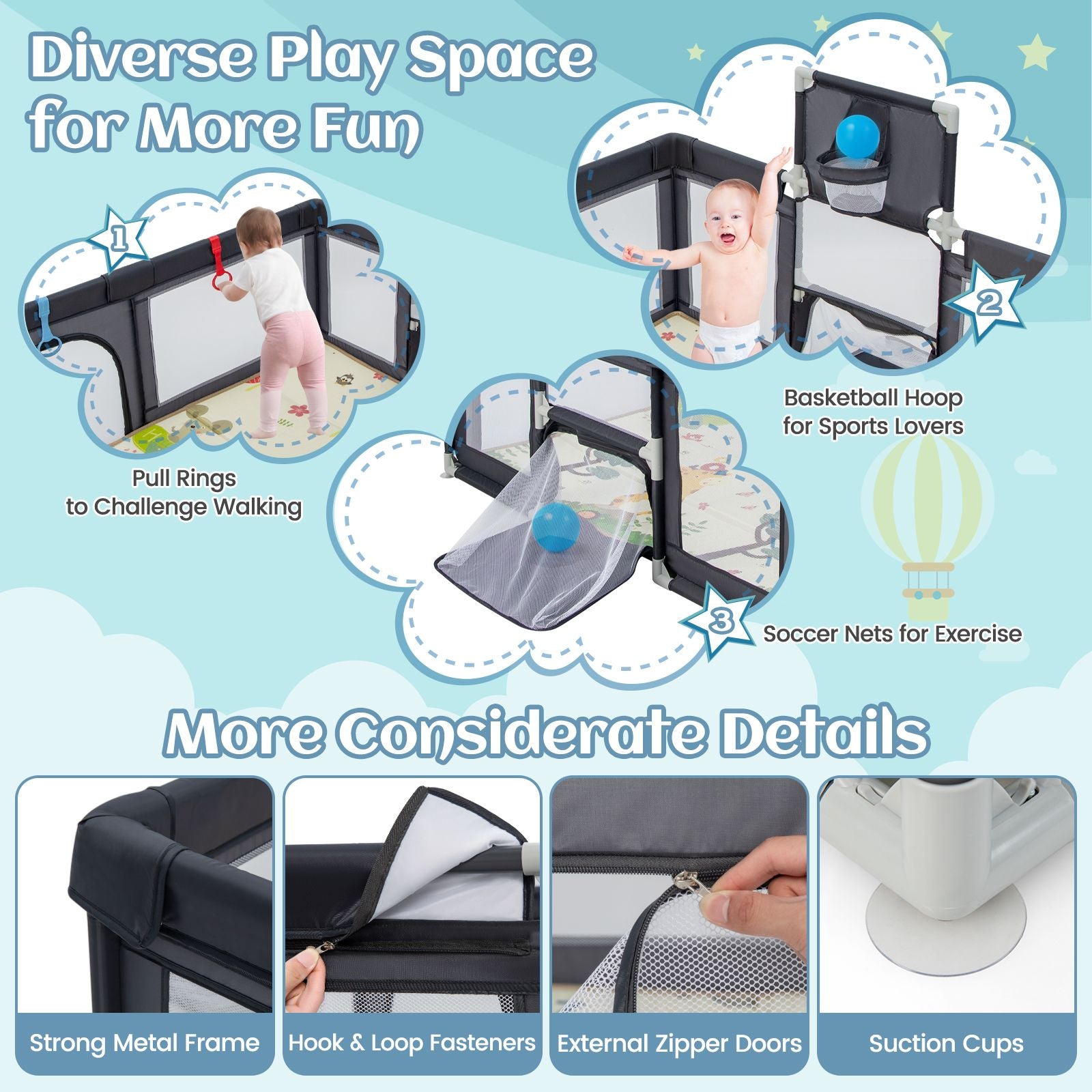 Large Baby Playpen with Safety Mat, Basketball Hoop & 50 Ocean Balls | Indoor & Outdoor Activity Centre