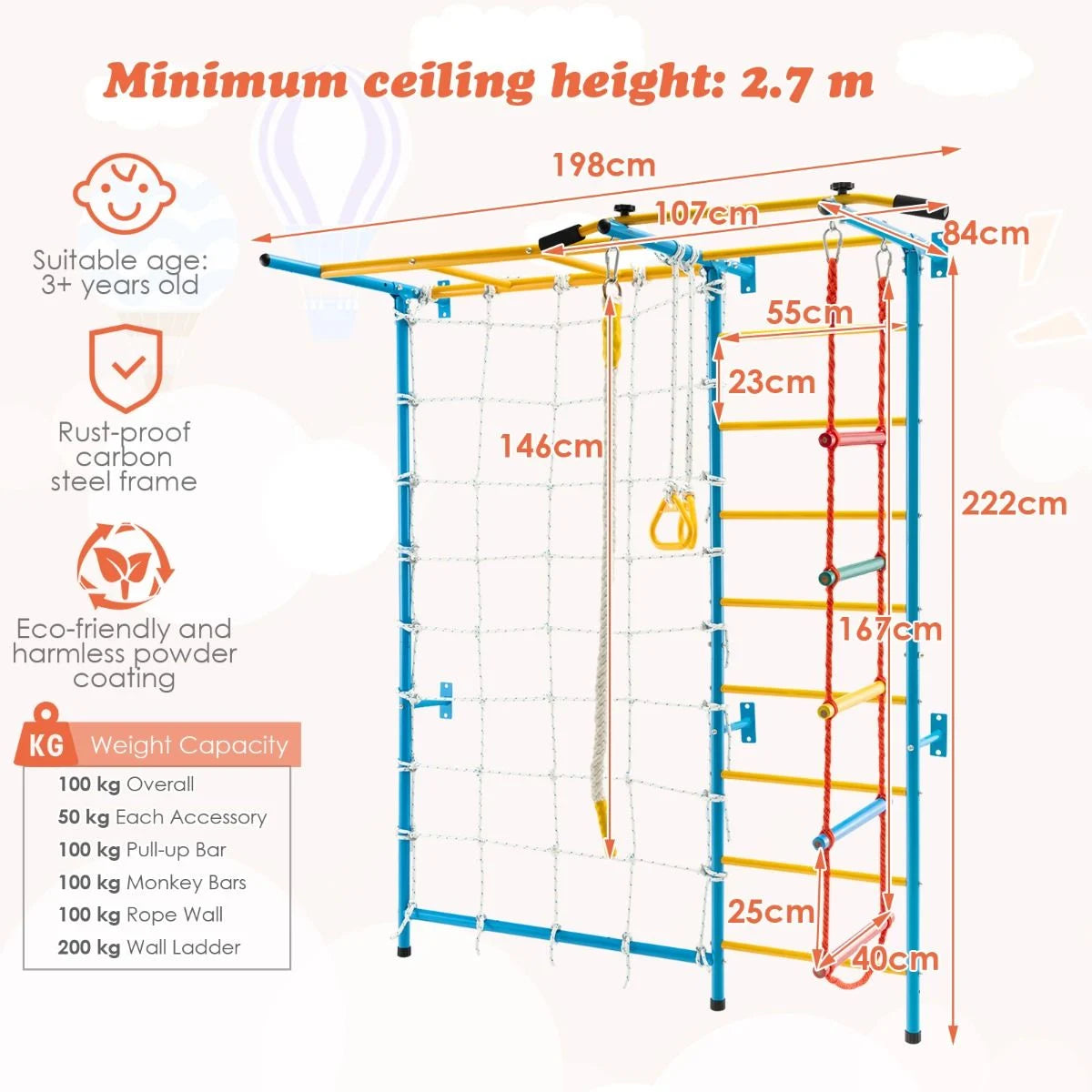 Metal Swedish Wall Bars for Children with Gym Rings and Climbing Net