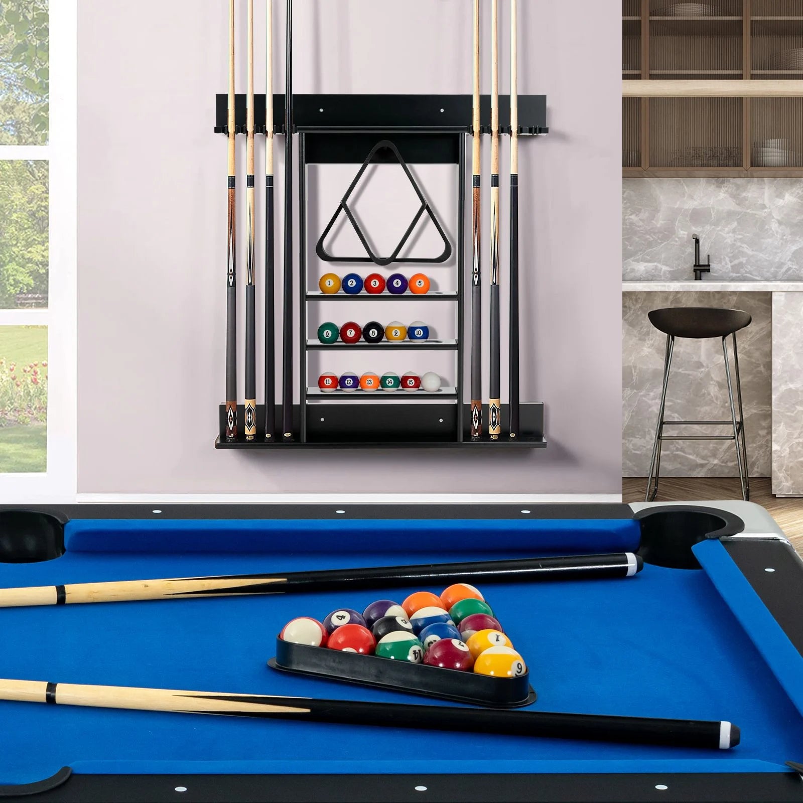 Wall-Mounted Billiard Cue Rack for Pool Sticks