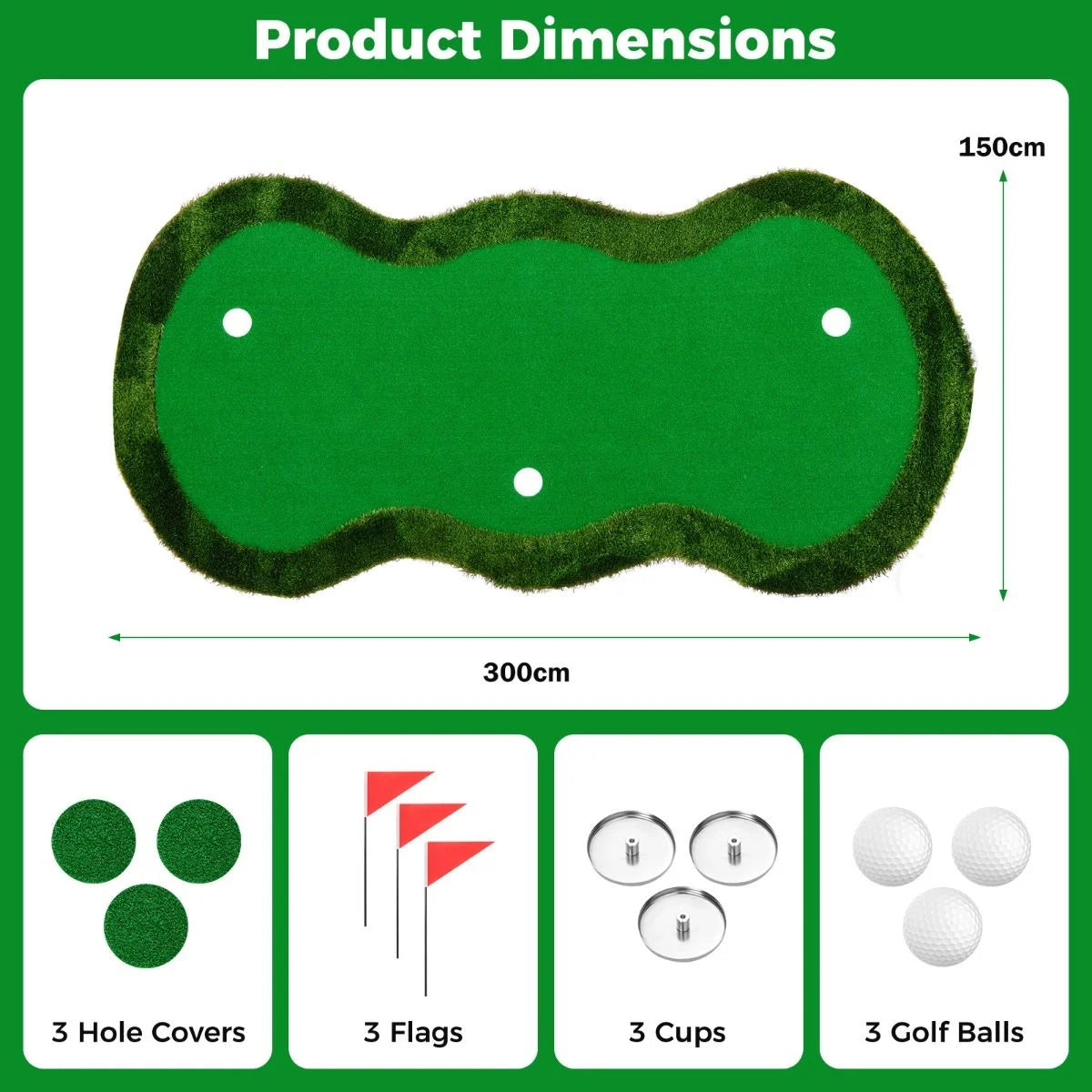5 x 10 ft Professional Golf Practice Mat with Three Holes and Included Golf Balls for Home Use