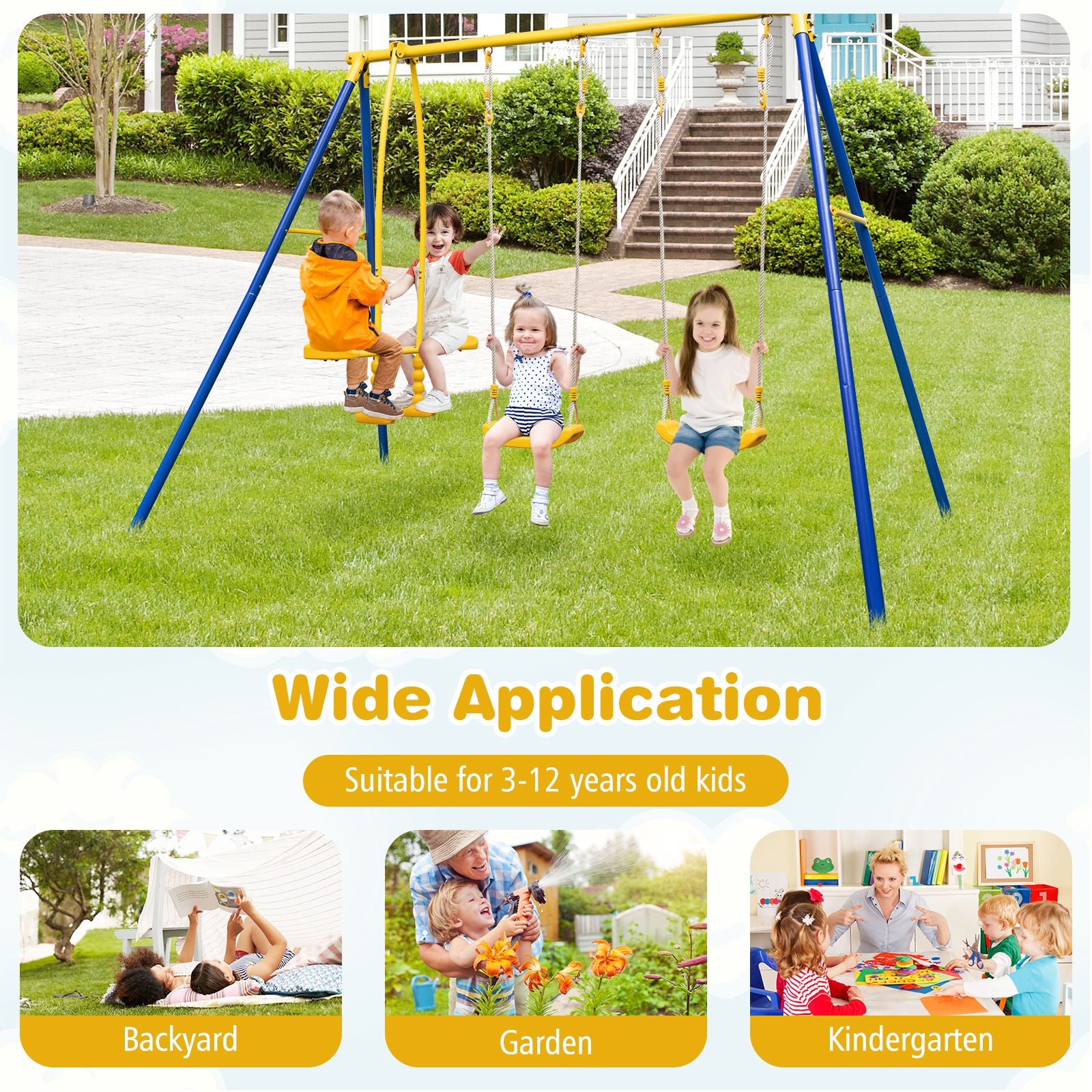 Heavy-Duty Kids Outdoor Swing & Glider Playset – 4-Seat Metal Frame Swing Set for Children Aged 3–12 | Adjustable Swings, Double Glider, Ground Stakes Included