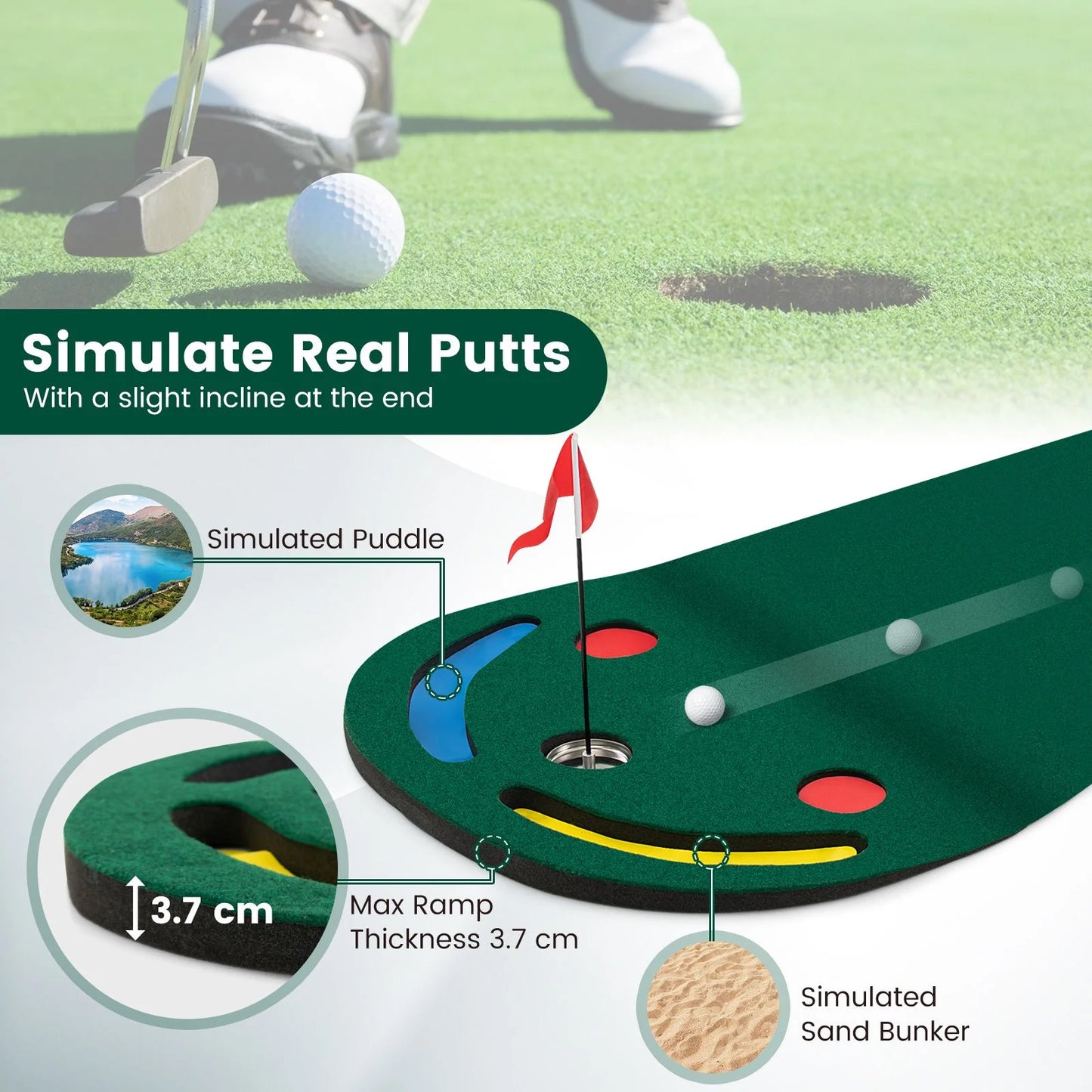 Professional Golf Putting Green Set with Three Cups, One Flag, and Hole Covers