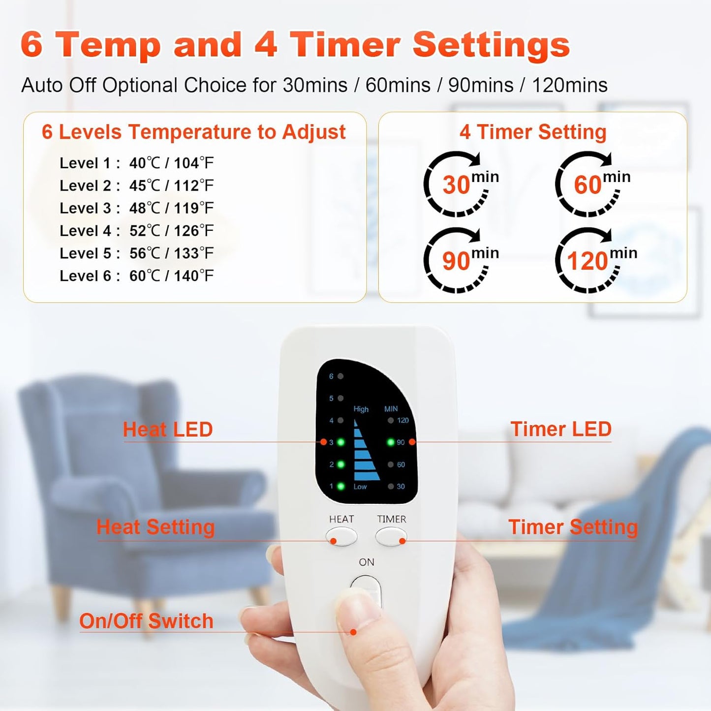 Electric Heated Foot Warmer, 74X40Cm Fast Heating Foot Warmer Pad, Washable Feet Warmer with 6 Levels Temp & 4 Timers, Fast Heating Pad for Back Pain Relief, Hands, Shoulders, Abdomen