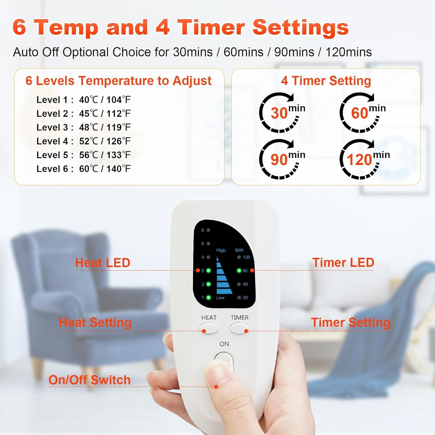 Electric Heated Foot Warmer, 74X40Cm Fast Heating Foot Warmer Pad, Washable Feet Warmer with 6 Levels Temp & 4 Timers, Fast Heating Pad for Back Pain Relief, Hands, Shoulders, Abdomen