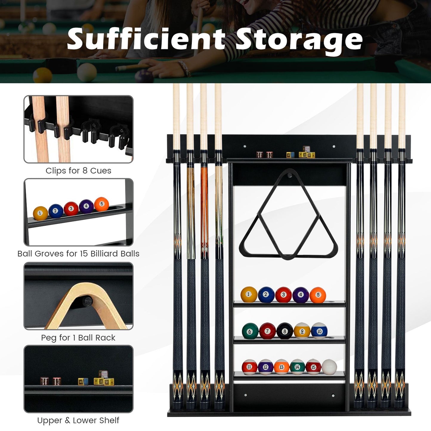 Wall-Mounted Billiard Cue Rack for Pool Sticks