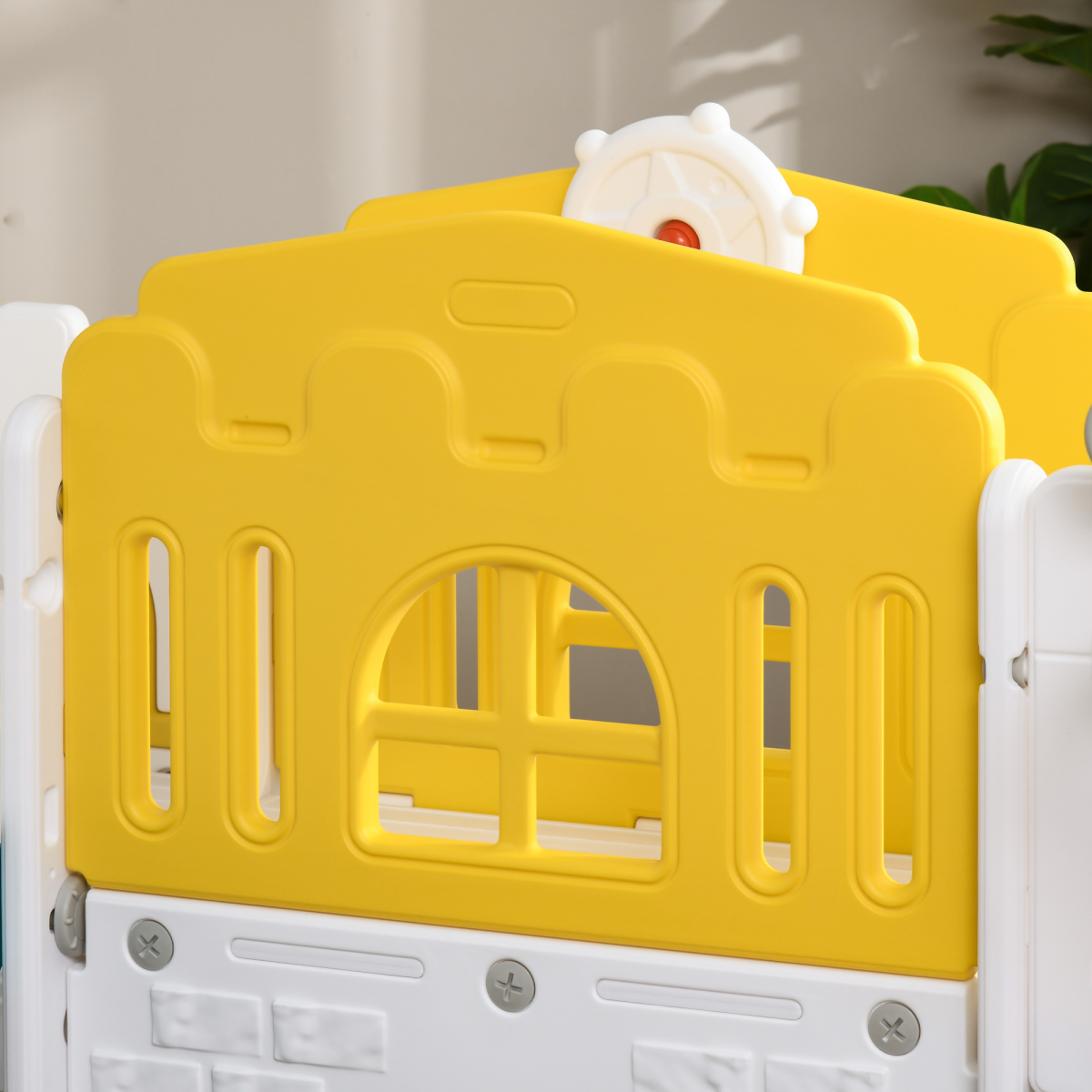 AIYAPLAY 7-in-1 Toddler Slide & Playset with Basketball Hoop, Tunnel & Storage – Yellow Castle Theme