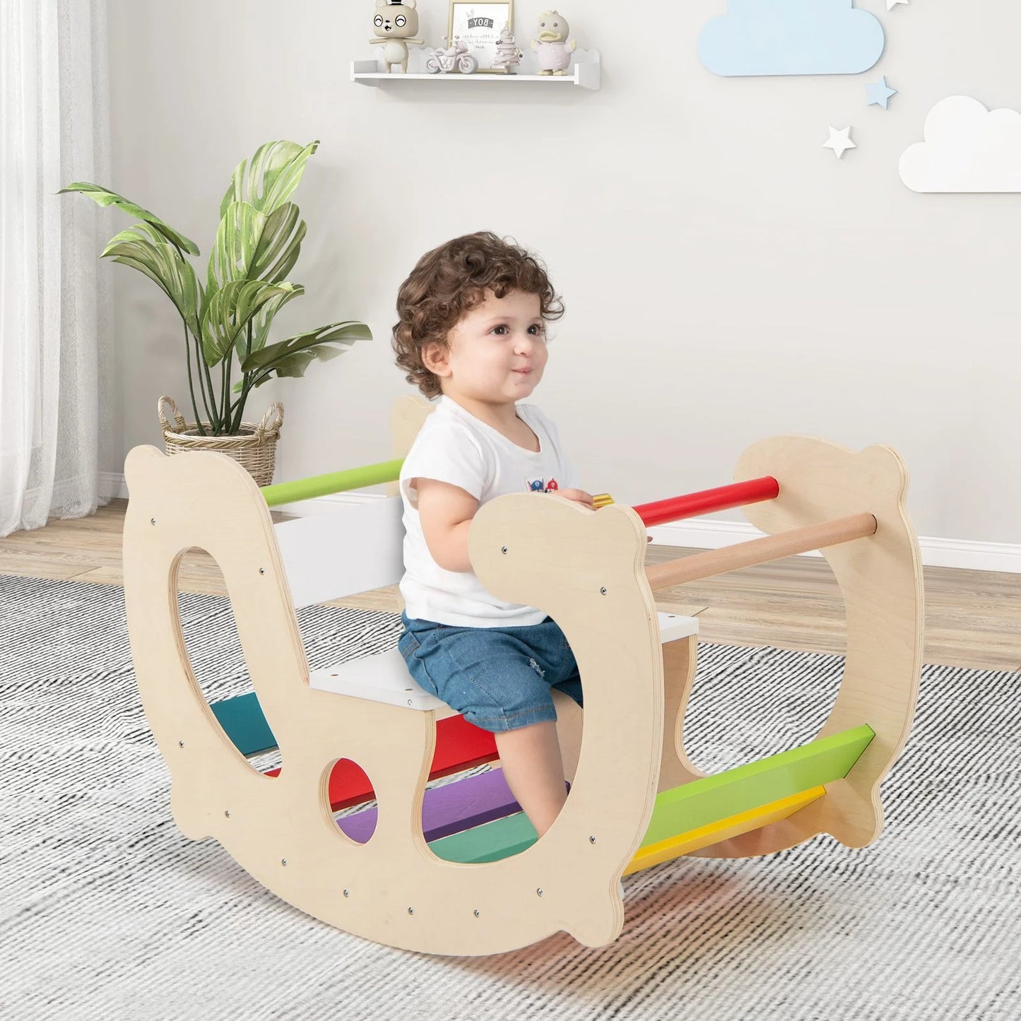 2-in-1 Montessori Wooden Rocking Horse & Climbing Arch for Toddlers | Balance Trainer Rocker | Indoor Play Toy Ages 1+