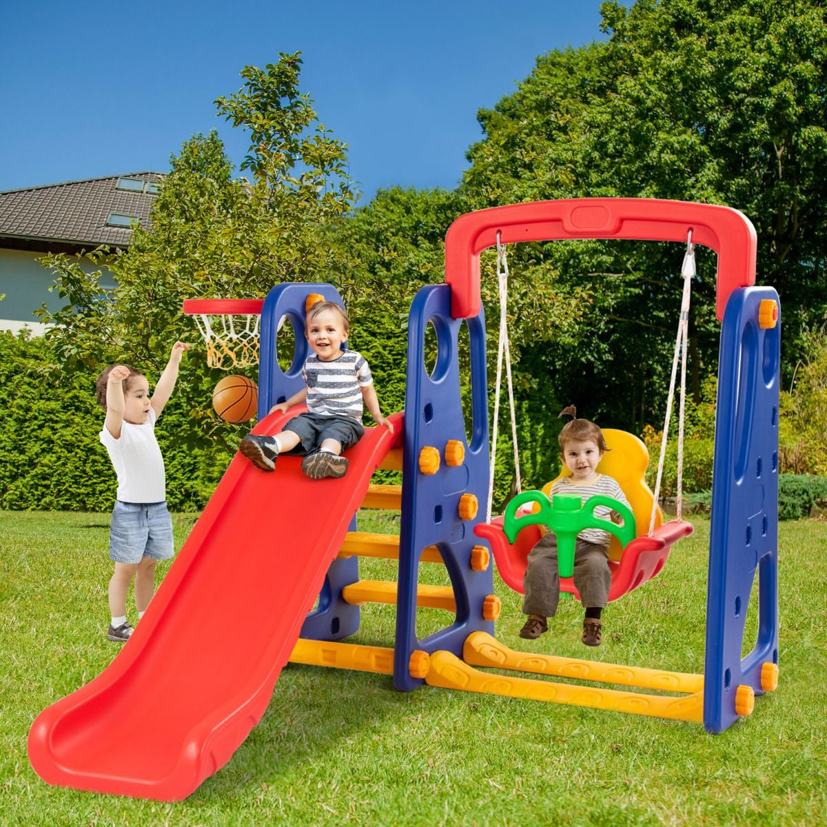 Toddler Slide, Swing, and Basketball Hoop Playset - 3-in-1 Activity Center