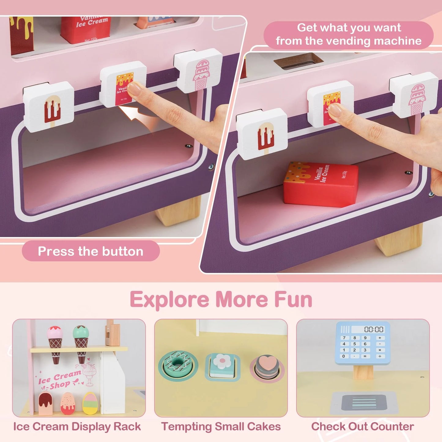 Wooden Kids Ice Cream Cart Pretend Play Set | Toddler Ice Cream Truck with Vending Machine & Accessories | Montessori Role Play Toy Ages 3+